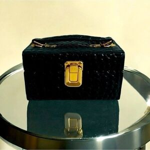 Black Croco Embossed Leatherette Jewelry Box Travel Trinket Keepsake Very Good